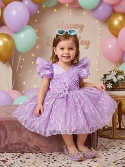 Blabber - Woven Party Frock With Floral Corsage And Sequin Detailing - Lavender