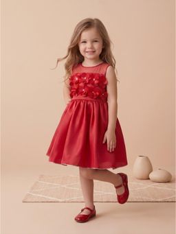 Blabber - 3D Design And Flower Detailing Flared Party Frock - Cherry