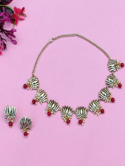 Estele - Gold Plated Antique Lotus Flower Choker Necklace Set with Pearls for Women