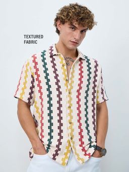 The Souled Store - Open-Knit Shirt: Off White Tropical Stripes