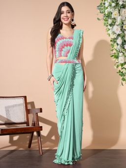 Chhabra 555 - Turquoise Embroidered Pre-Draped Saree with Stitched Blouse and Belt