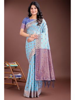 Mysilklove - Female Blue Woven Saree with Unstitched Blouse