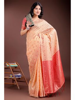 Mysilklove - Female Peach Woven Saree with Unstitched Blouse