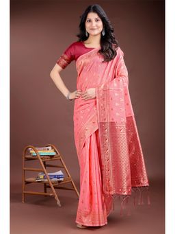 Mysilklove - Female Pink Woven Saree with Unstitched Blouse