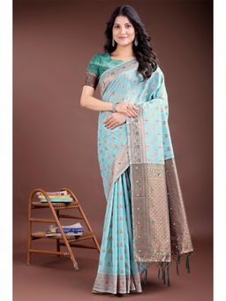 Mysilklove - Female Blue Woven Saree with Unstitched Blouse