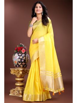 Mysilklove - Female Yellow Woven Saree with Unstitched Blouse