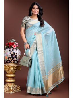 Mysilklove - Female Blue Woven Saree with Unstitched Blouse