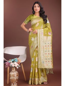 Mysilklove - Female Green Woven Saree with Unstitched Blouse