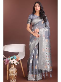Mysilklove - Female Grey Woven Saree with Unstitched Blouse