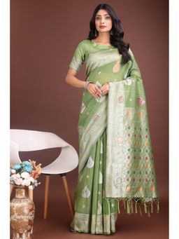 Mysilklove - Female Green Woven Saree with Unstitched Blouse