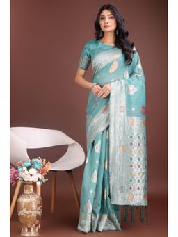 Mysilklove - Female Blue Woven Saree with Unstitched Blouse