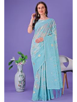 Mysilklove - Female Blue Floral Saree with Unstitched Blouse
