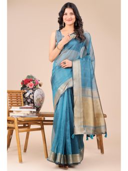 Mysilklove - Female Blue Woven Saree with Unstitched Blouse