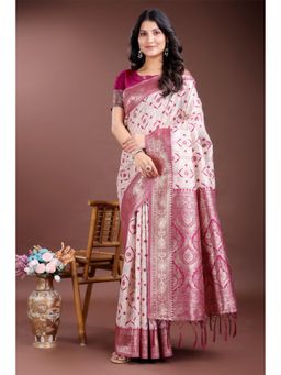 Mysilklove - Female White Geometric Saree with Unstitched Blouse