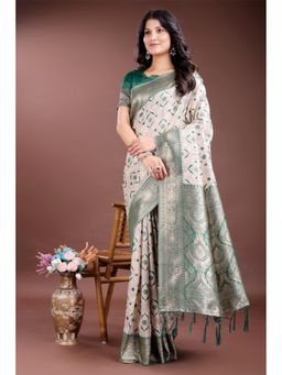 Mysilklove - Female White Geometric Saree with Unstitched Blouse