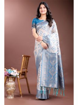 Mysilklove - Female White Geometric Saree with Unstitched Blouse