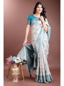 Mysilklove - Female White Geometric Saree with Unstitched Blouse