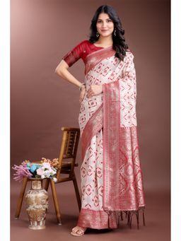 Mysilklove - Female White Geometric Saree with Unstitched Blouse