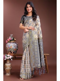 Mysilklove - Female Grey Geometric Saree with Unstitched Blouse