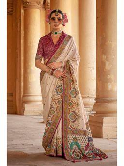 Mysilklove - Female Cream Floral Saree with Unstitched Blouse