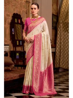 Mysilklove - Female Cream Woven Saree with Unstitched Blouse