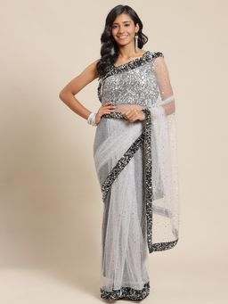 Chhabra 555 - Grey Embroidered Pre-Draped Saree with Stitched Blouse and Belt