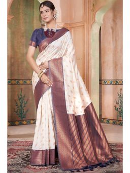 SGF11 - Women White Woven Saree with Unstitched Blouse