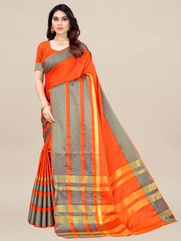 Akhilam - Womens Aura Silk Orange Handloom Saree with Unstitched Blouse
