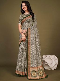 Akhilam - Womens Chanderi Silk Cream Printed Designer Saree with Unstitched Blouse