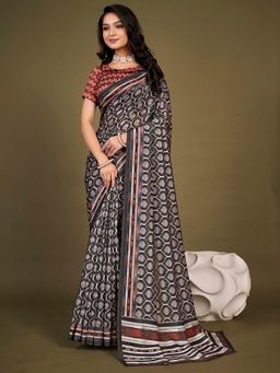 Akhilam - Womens Chanderi Silk Black Printed Designer Saree with Unstitched Blouse
