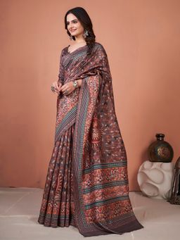 Akhilam - Womens Bhagalpuri Silk Coffee Brown Printed Designer Saree with Unstitched Blouse