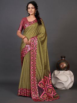 Akhilam - Womens Dola Silk Olive Digital Print Designer Saree with Unstitched Blouse