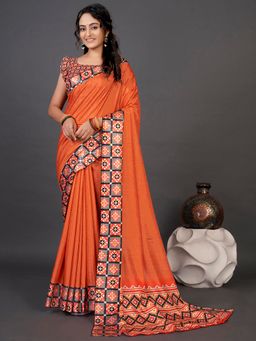 Akhilam - Womens Dola Silk Orange Digital Print Designer Saree with Unstitched Blouse