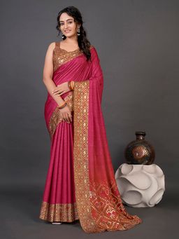 Akhilam - Womens Dola Silk Pink Digital Print Designer Saree with Unstitched Blouse