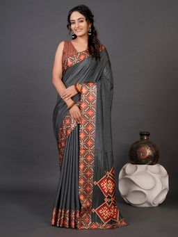 Akhilam - Womens Dola Silk Grey Digital Print Designer Saree with Unstitched Blouse