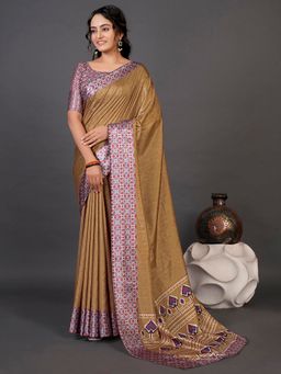 Akhilam - Womens Dola Silk Camel Brown Digital Print Designer Saree with Unstitched Blouse