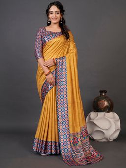Akhilam - Womens Dola Silk Mustard Digital Print Designer Saree with Unstitched Blouse