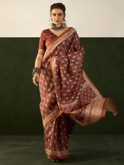 Akhilam - Womens Bhagalpuri Silk Brown Printed Designer Saree with Unstitched Blouse