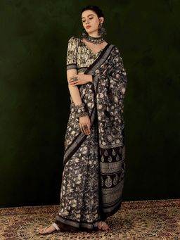Akhilam - Womens Bhagalpuri Silk Black Printed Designer Saree with Unstitched Blouse