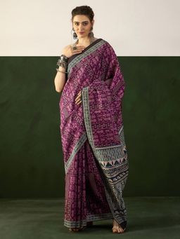 Akhilam - Womens Bhagalpuri Silk Magenta Printed Designer Saree with Unstitched Blouse