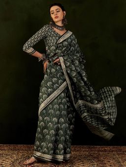 Akhilam - Womens Bhagalpuri Silk Dark Green Printed Designer Saree with Unstitched Blouse