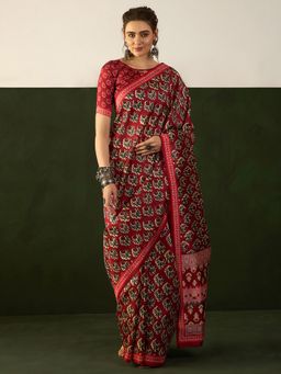 Akhilam - Womens Bhagalpuri Silk Red Printed Designer Saree with Unstitched Blouse