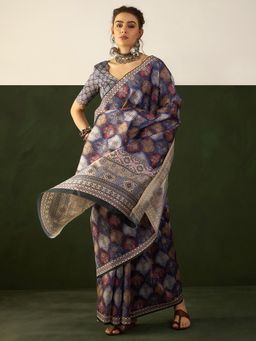 Akhilam - Womens Bhagalpuri Silk Purple Printed Designer Saree with Unstitched Blouse