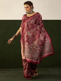 Akhilam - Womens Bhagalpuri Silk Maroon Printed Designer Saree with Unstitched Blouse