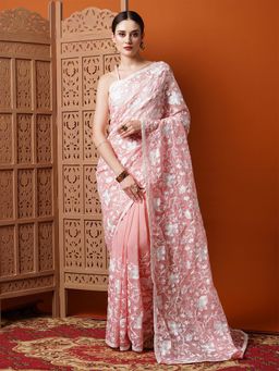 Akhilam - Womens Organza Pink Embroidered Designer Saree with Unstitched Blouse