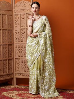 Akhilam - Womens Organza Green Embroidered Designer Saree with Unstitched Blouse