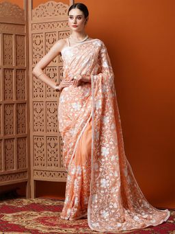 Akhilam - Womens Organza Peach Embroidered Designer Saree with Unstitched Blouse