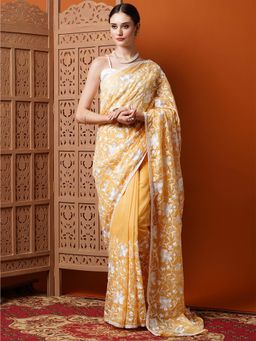 Akhilam - Womens Organza Yellow Embroidered Designer Saree with Unstitched Blouse