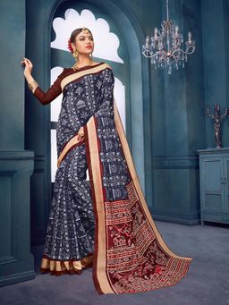 Akhilam - Womens Bhagalpuri Silk Navy Blue Printed Designer Saree with Unstitched Blouse