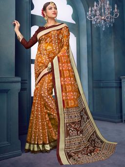 Akhilam - Womens Bhagalpuri Silk Mustard Printed Designer Saree with Unstitched Blouse